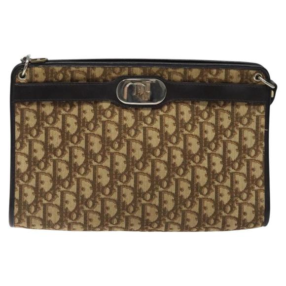 Christian Dior Trotter Canvas Shoulder Bag Beige Gold Auth 116060